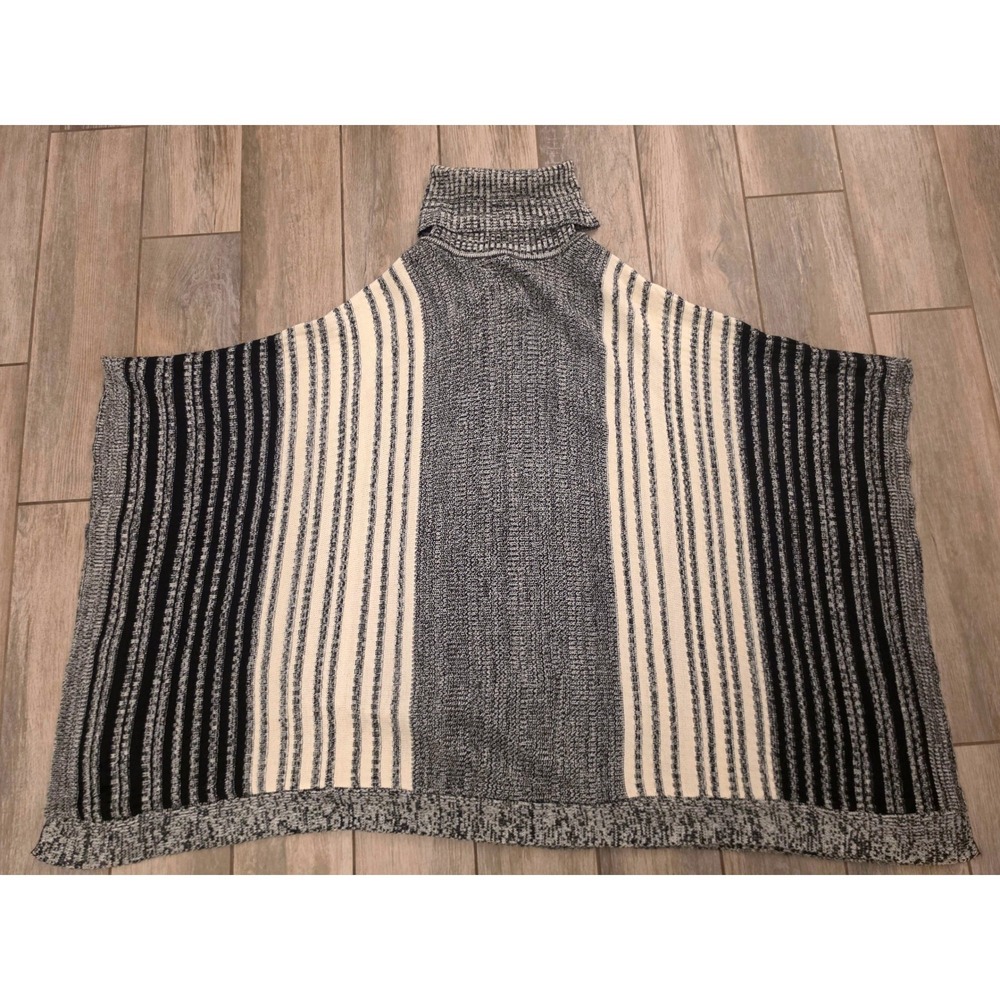 One A Womens Striped Turtleneck Knit Poncho Sweater Gray Ivory Large